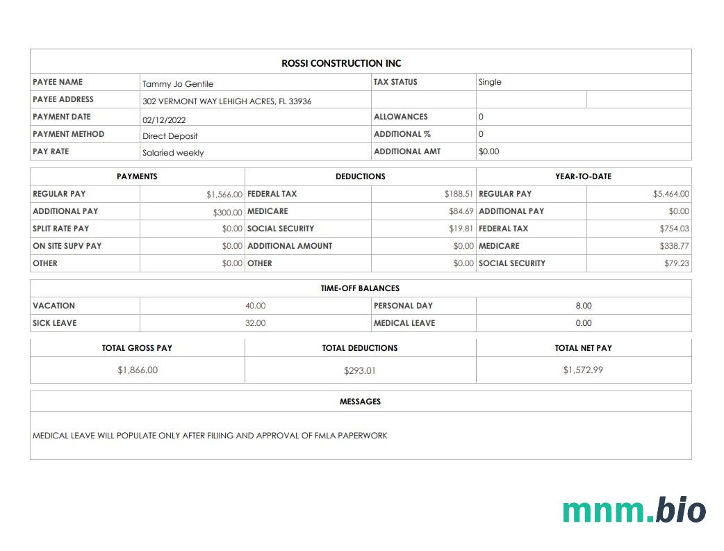 Rossi Construction Inc pay stub w formatach PDF ad Word